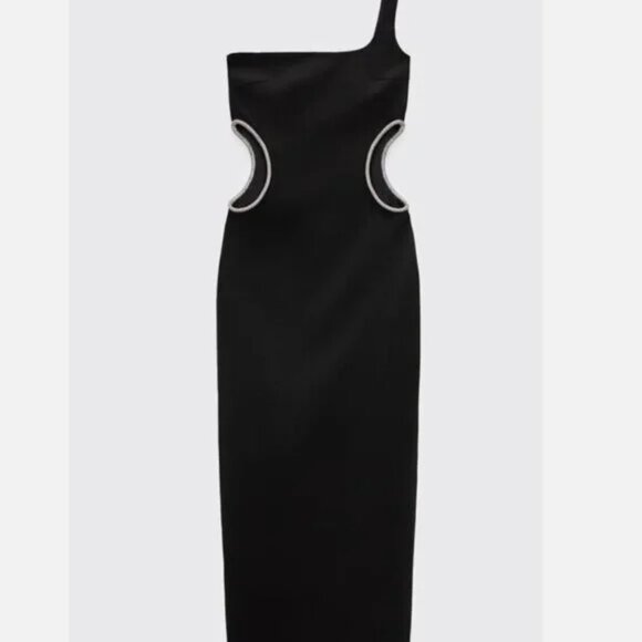 Zara One Shoulder Rhinestone Side Cutout Midi Dress Black Size Small - Picture 4 of 9